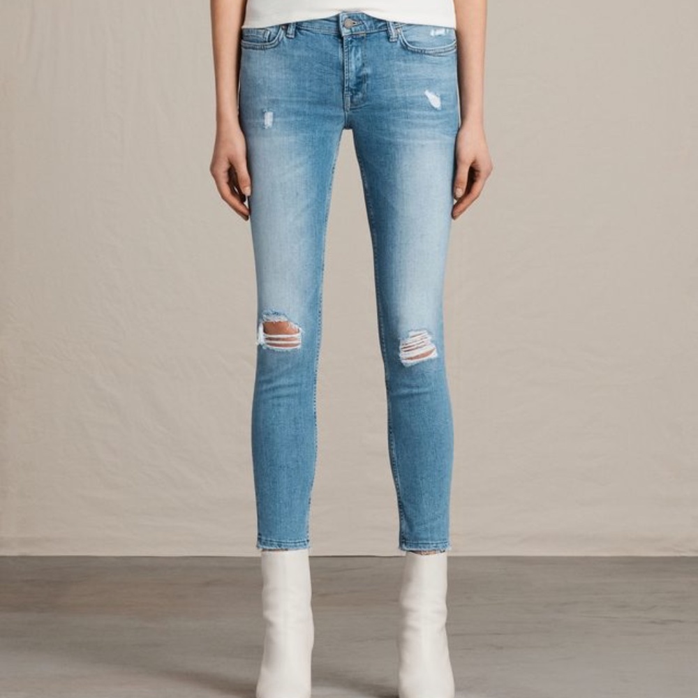All Saints Mast Ankle Destroy Skinny Jeans Blue Light Wash Size 30